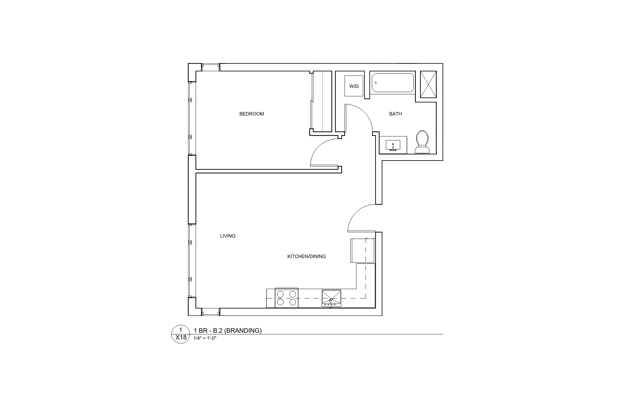 Floor plan for 1 bed, 1 bath, 611 sqft